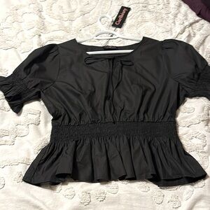 Women's Black Peasant Crop Top Blouse Neck Ruffle Elastic Waist XL
